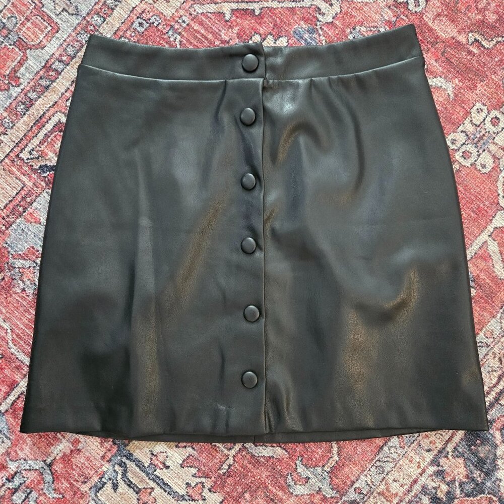 LOFT Womens Youth Black Imitation Leather Mini Pencil Skirt Button Accent NWT